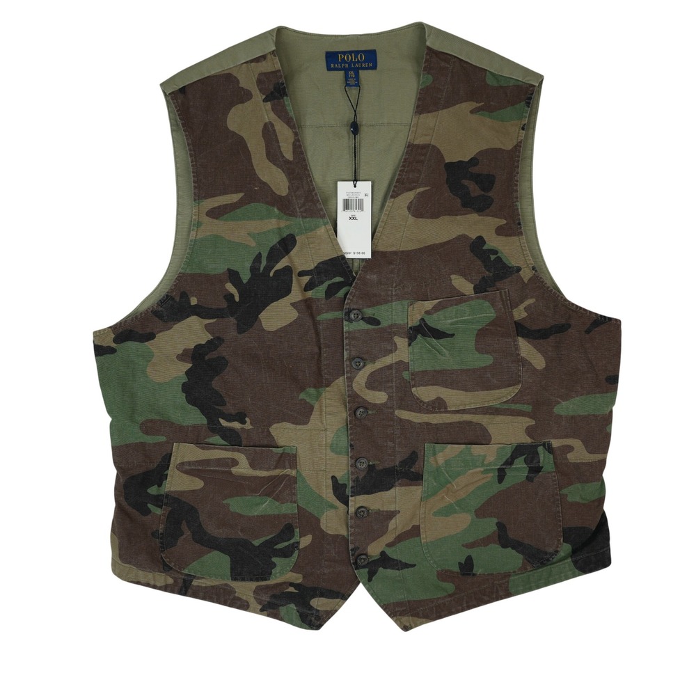 Polo Ralph Lauren Vest Men XXL Green Camo Military Cinch Back Cotton Heritage